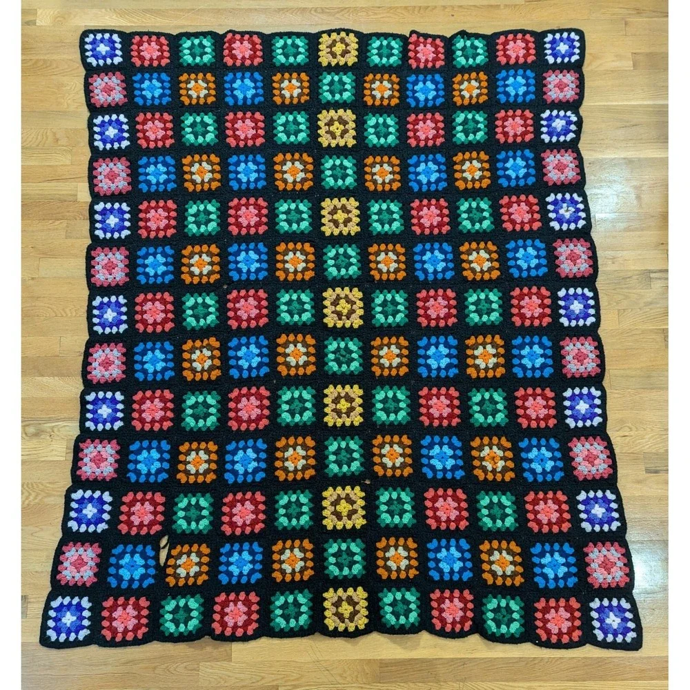 VTG Granny Square Roseanne Afghan Crochet Multicolor Blanket Throw Colorful READ